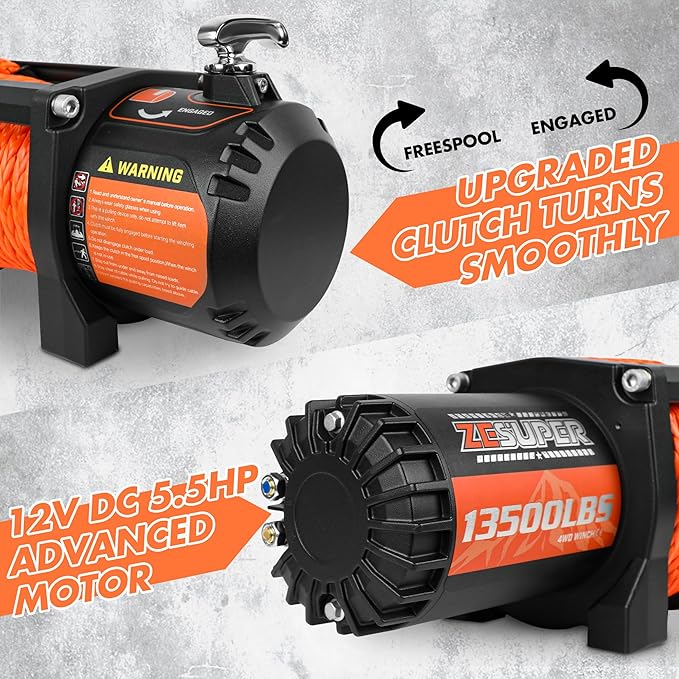 ZESUPER 13500 lb Electric Winch, Synthetic Rope 12V Winch Waterproof IP68 Winch Kit,Off Road Winch for Jeep,Truck,SUV, with Wireless Remote, Corded Control,Side-Mounted Bracket for Control Box