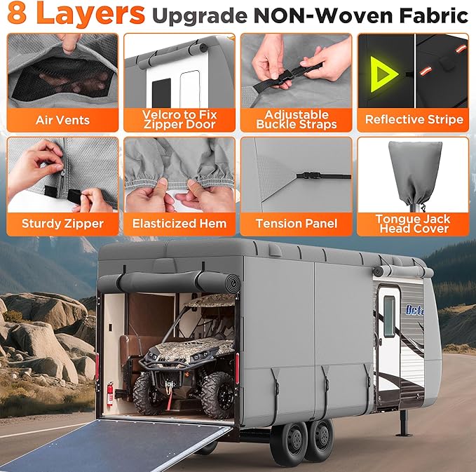 RV Cover, 30-33 FT Heavy Duty Travel Trailer Cover with 8 Layers Corner,Waterproof Camper Cover with 4 Tire Cover & Tongue Jack Cover