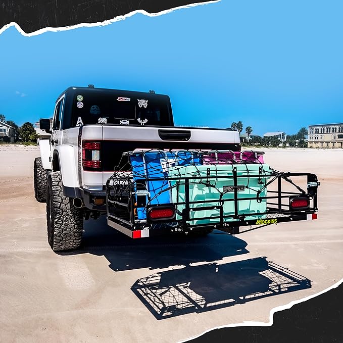 Mockins 60"x24"x14" High Rail Folding Car Trailer Hitch Cargo Carrier w/Rear Lights, Plate Bracket & 30 CuFt Waterproof Cargo Bag for Hitch Carrier | 500Lbs Capacity Luggage Rack for SUV Car Truck RV