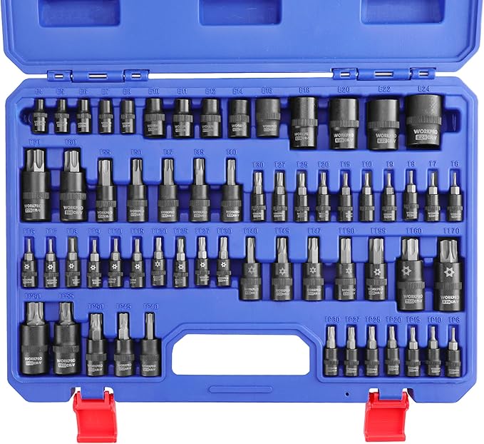 WORKPRO 60-piece Master Torx Bit Socket and External Torx Socket Set, 1/4", 3/8", 1/2" Drive Bits, Female E Sockets E4-E24, Star Socket Bits T6-T70, TT6-TT70, TP8-TP60, CR-V & S2 Alloy Steel