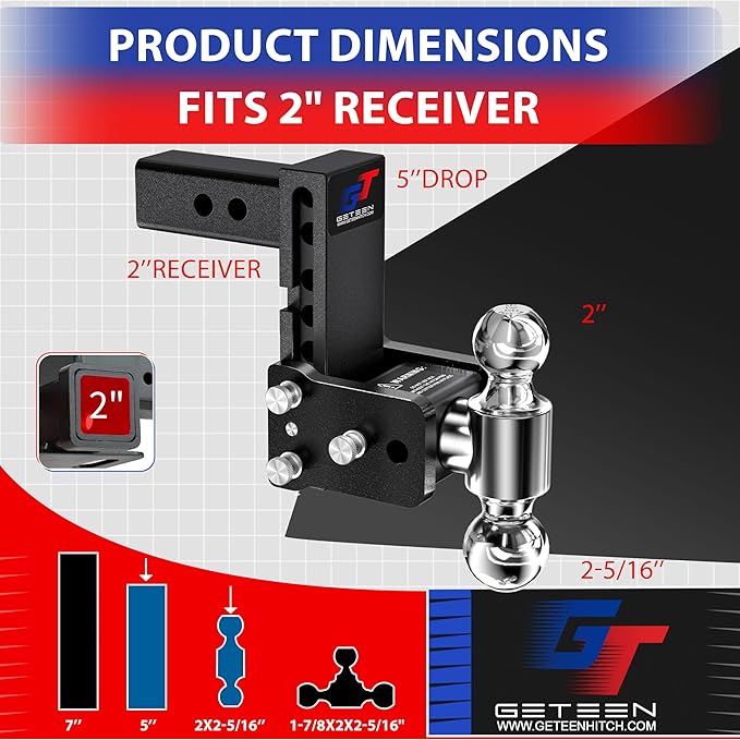 Geteen Trailer Hitches, Adjustable Trailer Hitch Ball Mount - Fits 2" Receiver, Dual Ball (2" x 2-5/16"), 5" Drop, 10,000 GTW - GT20052B