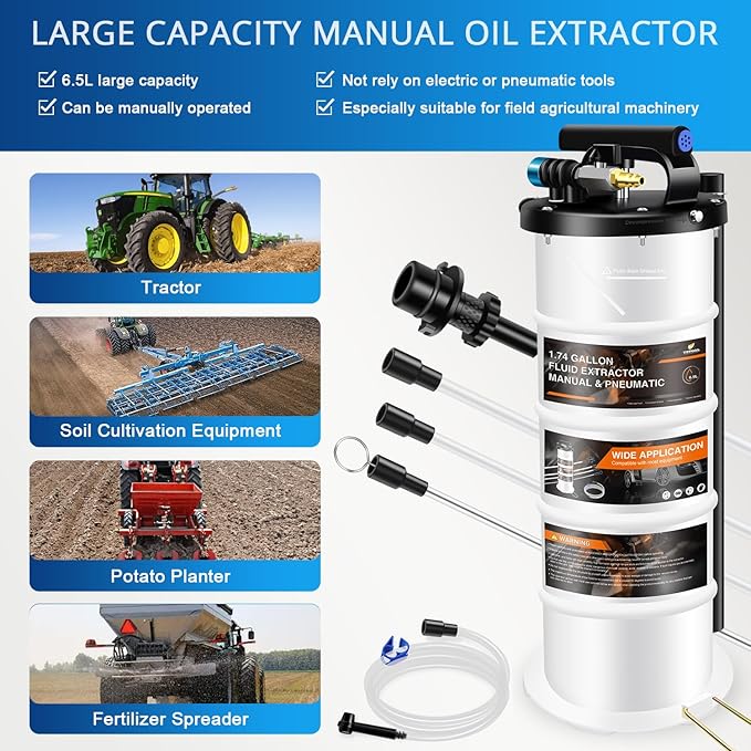 YSTOOL 6.5L Pneumatic and Manual Fluid Extractor Pump Set with Oil Vacuum Change Evacuator, Extension Tubes and Brake Bleeding Hose for Automotive Agricultural Machinery