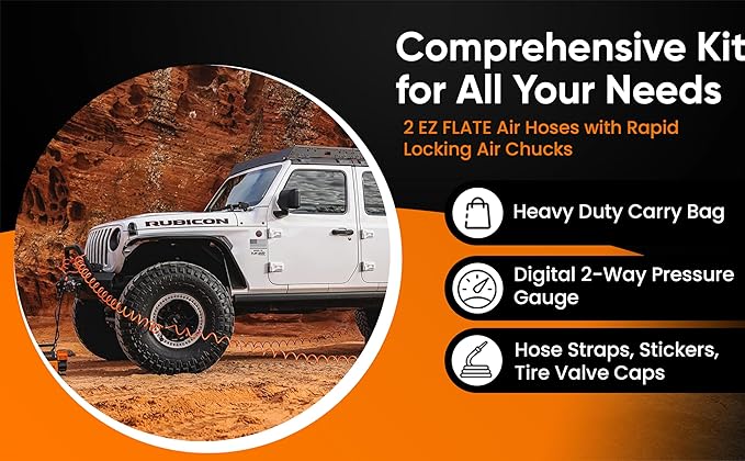EZ FLATE 4 Tire Hose System | Heavy Duty | Truck or Car Tires | UTV Side By Side Tires | Fast Inflation | 4 Tires at Once | Auto Equalize | Quick Connest Air Chucks (Recoil Hose System)