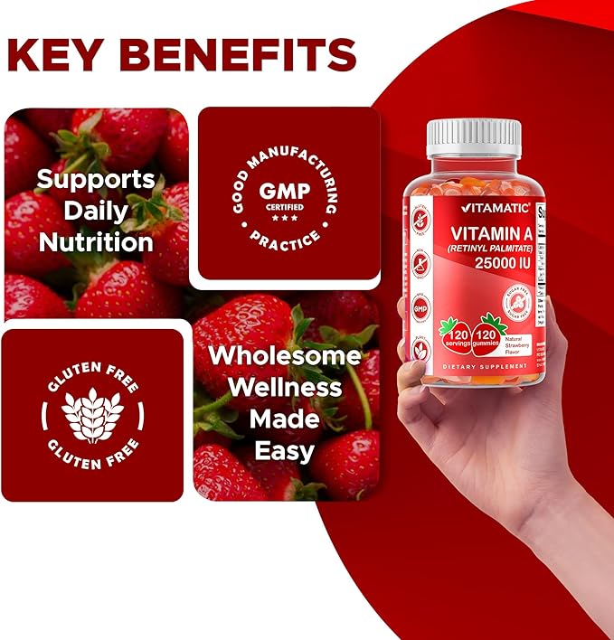 Vitamatic Sugar Free Vitamin A 25000 IU Gummies (Retinyl Palmitate) - Natural Strawberry Flavor - 120 Pectin Based Gummies (2 Bottles)
