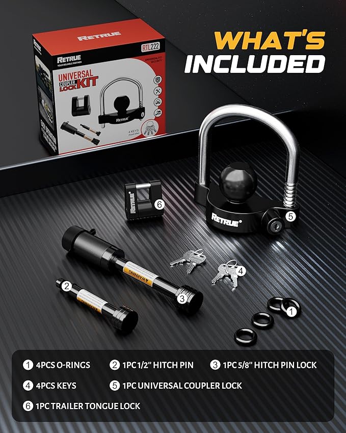 RETRUE Keyed Alike Trailer Lock Set Tow & Store Lock Kit Include Universal Coupler Lock & Dual Hitch Receiver Pin Lock & Trailer Tongue Lock, Black
