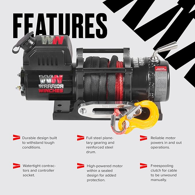 Warrior Winches Ninja 4500 lbs - Premium 12V Electric ATV/UTV Winch with Synthetic Rope, Compact and Powerful 12 Volt ATV Winch - Comes with Wireless Remote - Perfect for ATV, UTV, Boat, Trailer