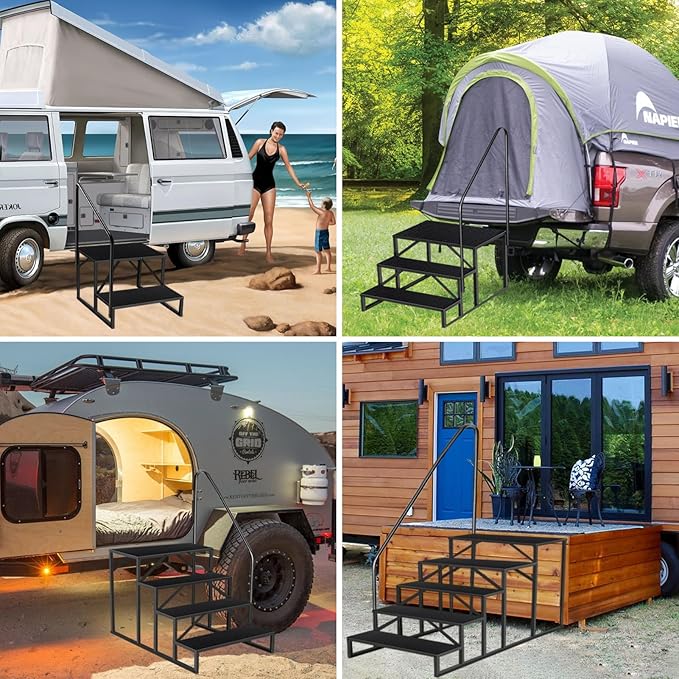 RV Steps with Handrail｜5 Step RV Steps｜Update 3.0 Outdoor Mobile Home Stairs with Anti-Slip Pedals｜RV Ladders for Travel Trailers｜Heavy Duty Camper Steps for Camper, Porch, Spa