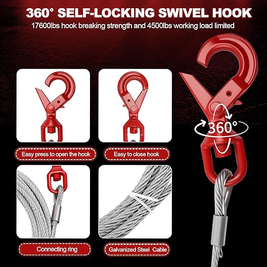 Galvanized Steel Winch Cable,Heavy-Duty 3/8" x 100' Winch Cable with Swivel Hook,17600 Lbs Breaking Strength,6x19 Strand Core Wire Winch Rope for SUV, Tow Truck,Crane,Wrecker