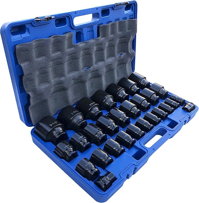 MacWork 29 Pieces Impact Socket Set, 3/4-Inch Drive, Standard, SAE 3/4 inch to 2-1/2 inch, CR-V Alloy Steel, 6-Point Sockets with a Storage Case