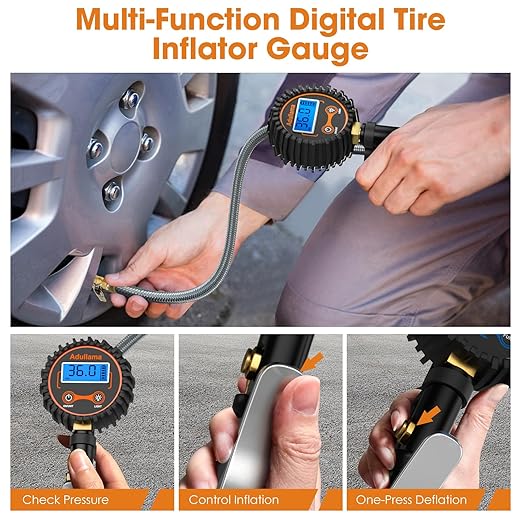 Digital Tire Pressure Gauge with Inflator, 250 PSI Heavy Duty Air Chuck Air Compressor Attachments, Improved Leaks Protection & Stainless Braided Hose Tire Gauge, 0.1 Display Resolution