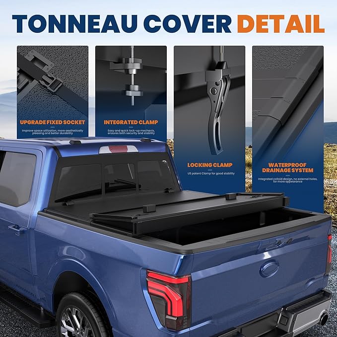 Fiberglass Hard Tri Truck Bed Tonneau Cover Compatible for 2015-2025 Ford F150 F-150 Styleside (Not for Flareside) 6'5" Bed