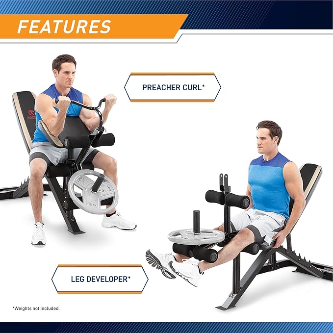 Marcy Olympic Workout Bench for Home Gym Strength Training Equipment with Preacher Curl Pad and Weight Rack Storage, White/Black