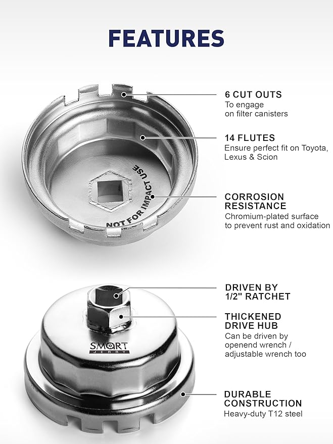 SMART JERRY - Oil Filter Wrench Compatible with Toyota Lexus & Scion with Toyota's Cartridge Style Oil Filter System | Tacoma Oil filter Wrench | 64mm 14 Flutes Design