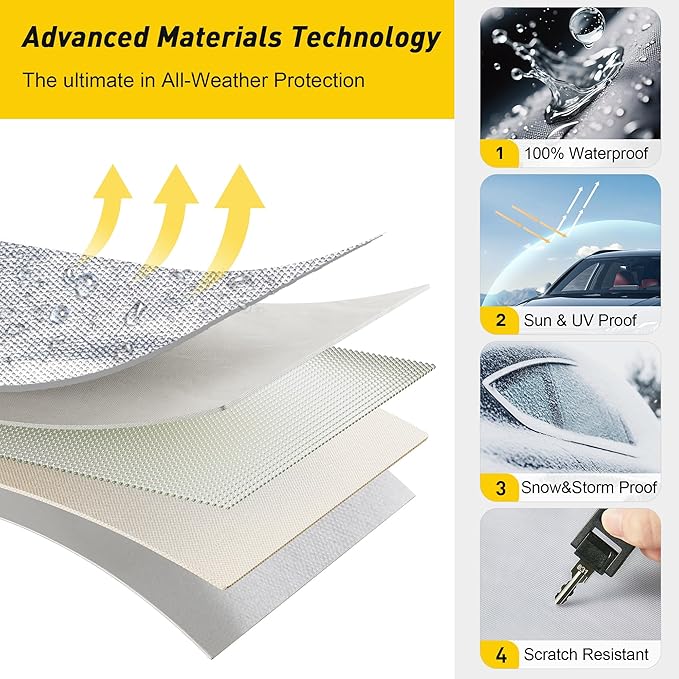 Caromop 10-Layer Waterproof Car Cover All Weather Protection (Snow, Rain, Sun) with Secure Fit Straps and Easy On/Off Zipper-Size C2 (See Size-Chart)