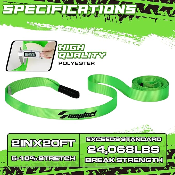 Recovery Tow Strap 2in X 20ft Heavy Duty 24,000 lbs Break Strength, Use for Emergency Towing Rope, Tree Saver, Winch Extension, Triple Reinforced Loops, Protective Sleeves,Car Accessories Green