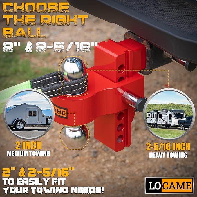 LOCAME Adjustable Trailer Hitch, Fits 2.5-Inch Receiver Only, 6-Inch Drop/Rise Aluminum Drop Hitch,18,500 LBS GTW-Tow Hitch for Heavy Duty Truck with Double Stainless Steel Locks, Red
