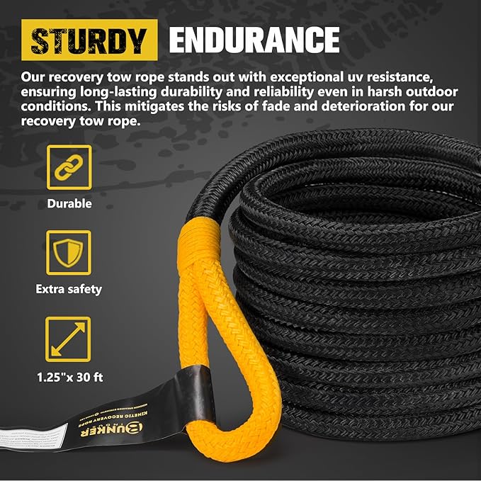 BUNKER INDUST 1.25"×30ft Kinetic Recovery Rope with 2 Soft Shackle Kit, 55000lbs Nylon Tow Rope Heavy Duty Snatch Strap Offroad Recovery Kit for 4x4 Jeep Truck ATV UTV SUV