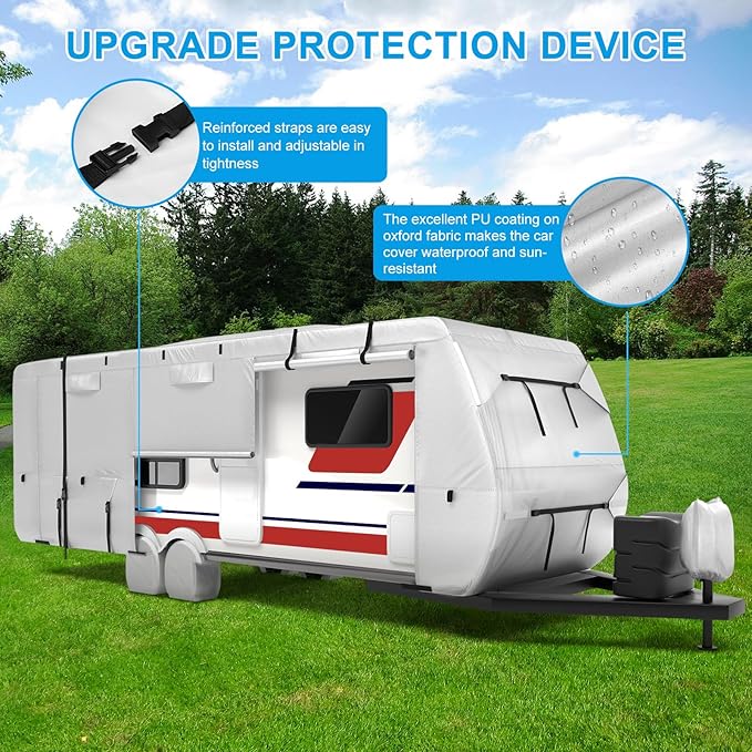 Mofeez Oxford Fabric Travel Trailer RV Cover, Camper Cover with 420D Oxford for The Top, 20'-22' Tearproof Waterproof Windproof Travel Trailer Cover with 4 Tire Covers, Jack Cover and Zippered Doors