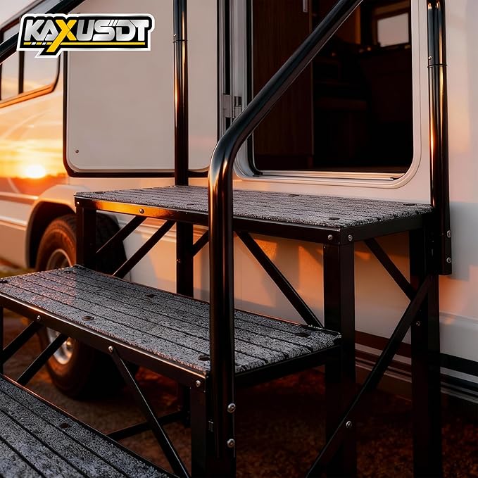 3 Steps Hot Tub RV Steps with Dual Handrail, 𝟐𝟎𝟐𝟓 𝐔𝐩𝐠𝐫𝐚𝐝𝐞𝐝 Portable Mobile Home Stairs Steps with Reinforced Crossbeams on Both Sides, 660lbs, Outdoor RV Camper Entry Steps w/Non-Slip Mats
