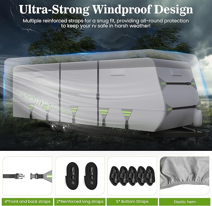 ACTFLAME 7-Layer Thickened RV Cover, 24-27ft Ultra Windproof & Tear Resistant Travel Trailer Cover, All-Weather Camper Cover with 6 Vents & Breathable Design, 5+2 Reinforced Straps and Complete Kit