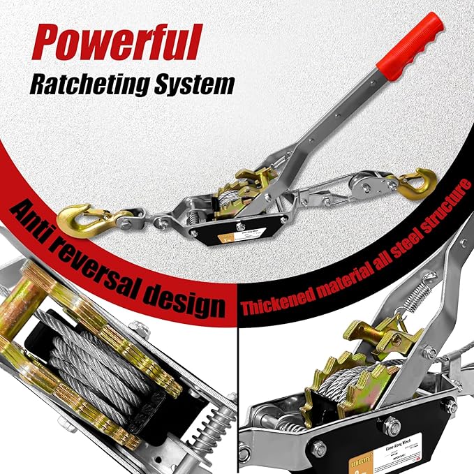 Come Along Winch Heavy Duty, 2T 2 Gears Come Along Pulling Tool, Cable Winch Puller with 2 Hooks, Come Along Power Puller Ratchet Tool, Manual Winch Ratchet Tool for Towing Lifting