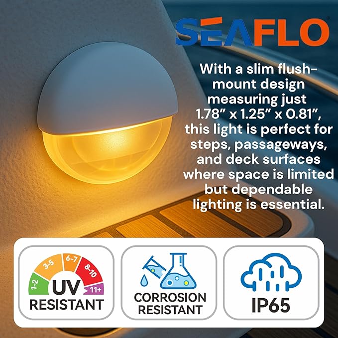 SEAFLO 04 Series LED Oblong Courtesy Light – Warm White, 12V, 0.2W, IP67, Compact Flush Mount Marine Step/Deck Accent Light for Boat/RV/Caravan, Durable PC Housing, 1.78”x1.25”x0.81”, 4-Year Warranty