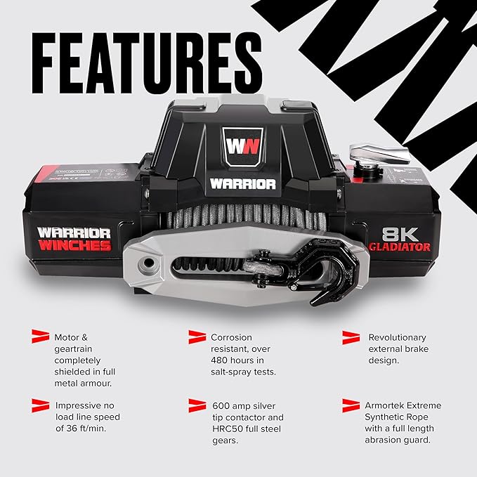 Warrior Winches Gladiator 8000lbs 12v Electric Winch with Wired/Wireless Remote with Synthetic Rope, for Truck, Boat Trailer, Jeeps, SUVs, 4x4, Trailer Winch, with Hawse Fairlead, IP68 Waterproof