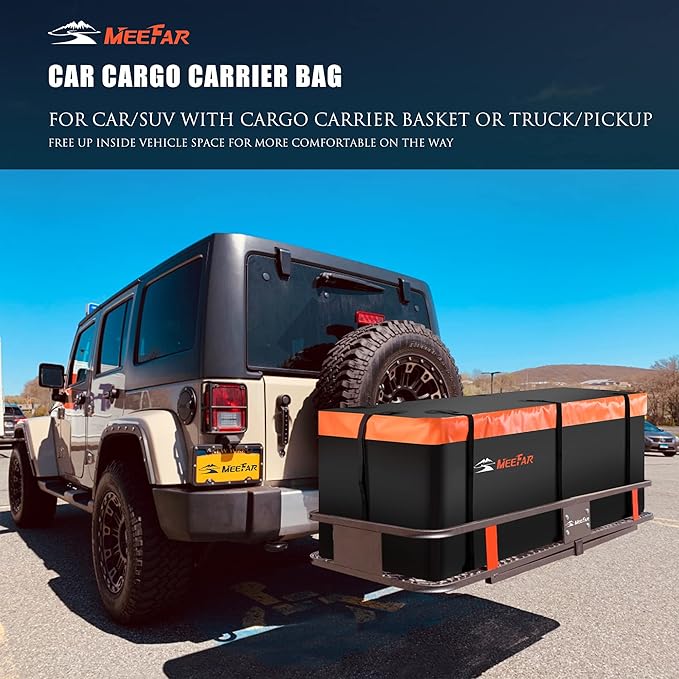 MeeFar Hitch Mount Cargo Carrier Bag Soft Shell 100% Waterproof 15 Cubic Feet (58" 24" 19") Include 8 Reinforced Straps for Truck Pickup All Vehicle with Steel Cargo Basket