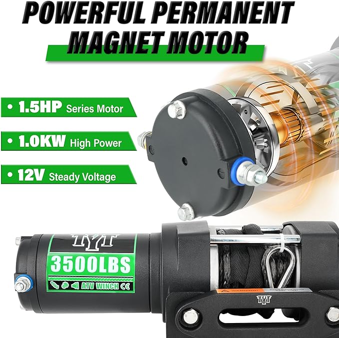 TYT 3500 lb ATV Winch, 12V DC Electric Winch with Wireless Remote and Wired Switch, 7/32"x 30FT Synthetic Winch Rope with Fairlead and Winch Mounting Plate