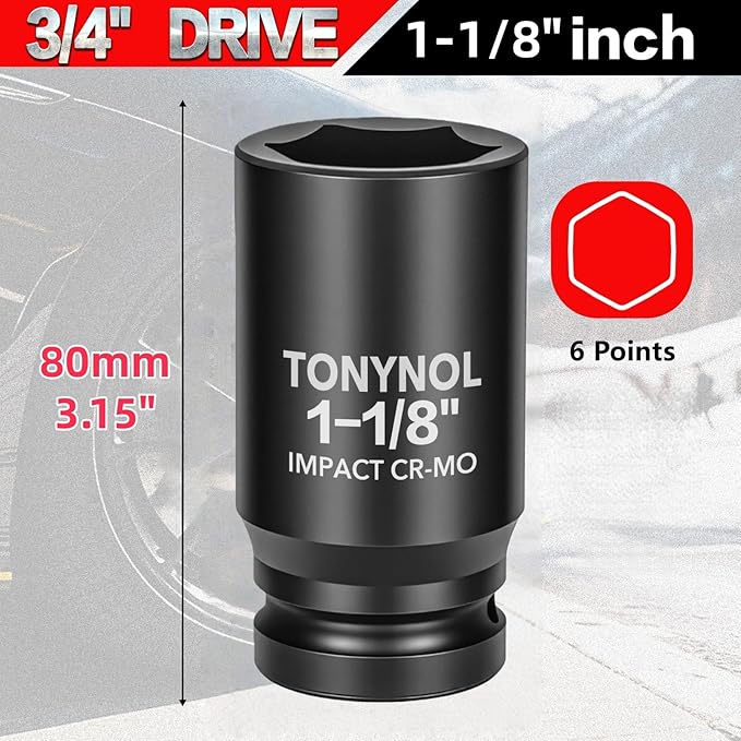 3/4" Inch Drive Deep Impact Socket,6-Point,SAE Size 1-1/8",80mmL,CR-MO,Heavy-Duty Automotive & Industrial Repair