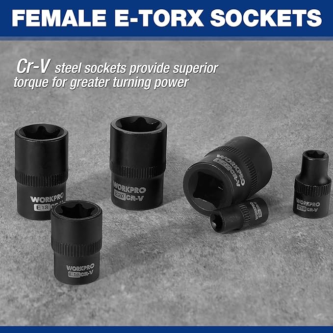 WORKPRO 25-Piece Torx Bit Socket Set, 1/4", 3/8", 1/2" Drive, E4-E22, T8-T60 Female & Torx Socket Set, CR-V & S2 Alloy Steel
