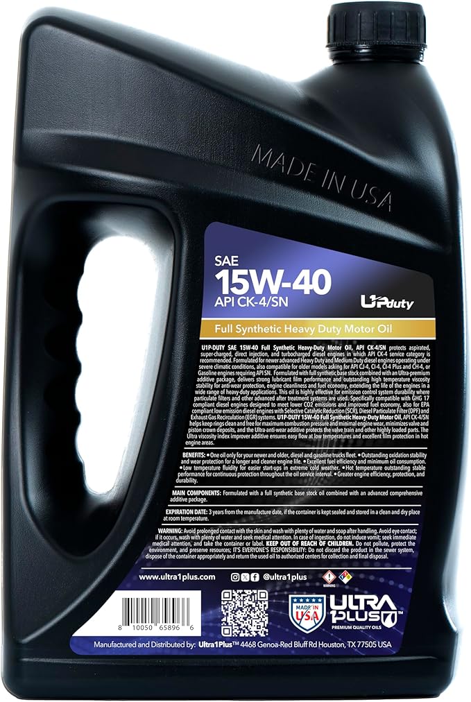 Ultra 1Plus SAE 15W-40 Full Synthetic Heavy-Duty Diesel Engine Oil - 15W 40 Motor Oil API CK-4/SN (1 Gallon)