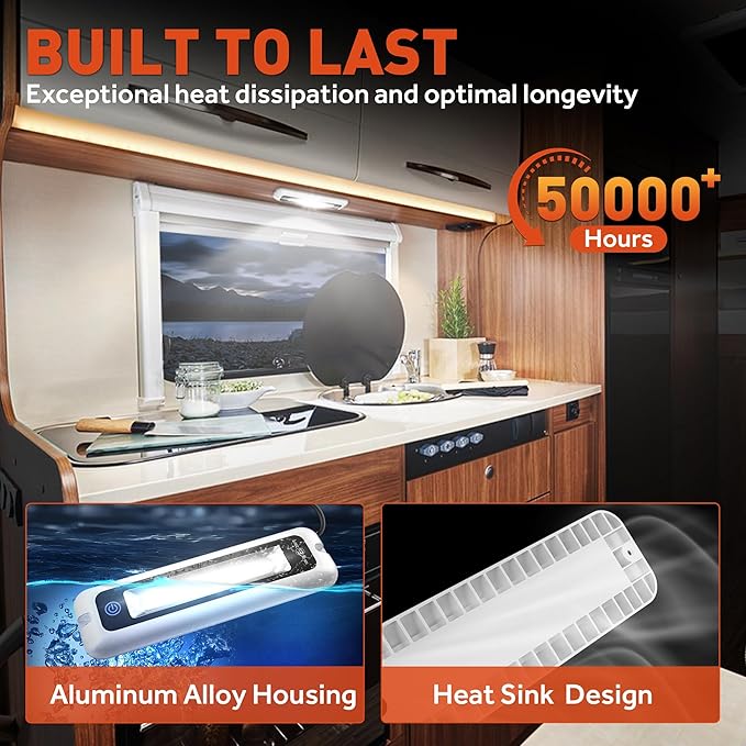 8 Inch RV Lights Interior with Smart Touch Control, LED Utility Awning Light White 6000K, IP68 Waterproof Aluminum for RV Trailers Travel Campers Cabinet SUV Truck MPV Hallway