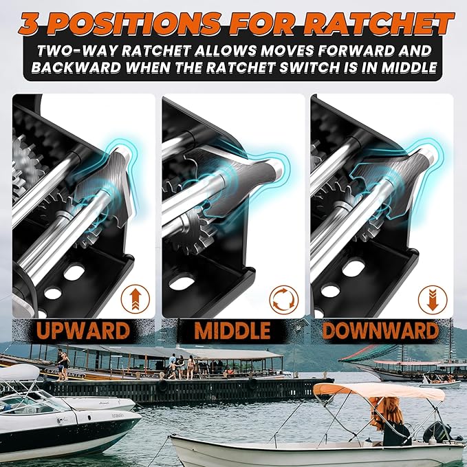 23FT Strap Boat Trailer Winches，2-Way Ratchet System Designed for Heavy-Duty Applications. 2500 lbs Ideal for Towing Trucks, ATVs, RVs, and Jet Skis.
