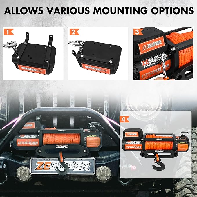 ZESUPER 13500 lb Electric Winch, Synthetic Rope 12V Winch Waterproof IP68 Winch Kit,Off Road Winch for Jeep,Truck,SUV, with Wireless Remote, Corded Control,Side-Mounted Bracket for Control Box
