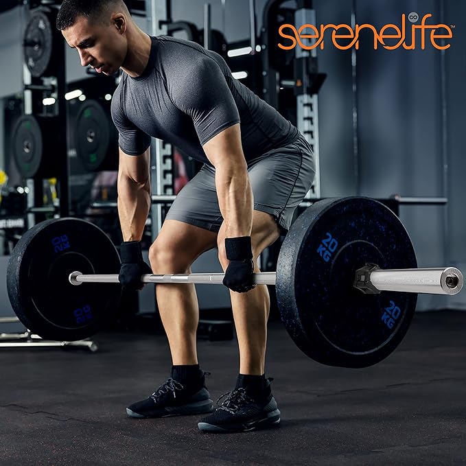 SereneLife Olympic Chrome Barbell Steel Bar, 7-Foot Weight Straight Solid Iron Weighted Workout Bar For Weightlifting, Power Lifting Strength Training Exercises, Perfect for Home Gym, 2 plastic clips