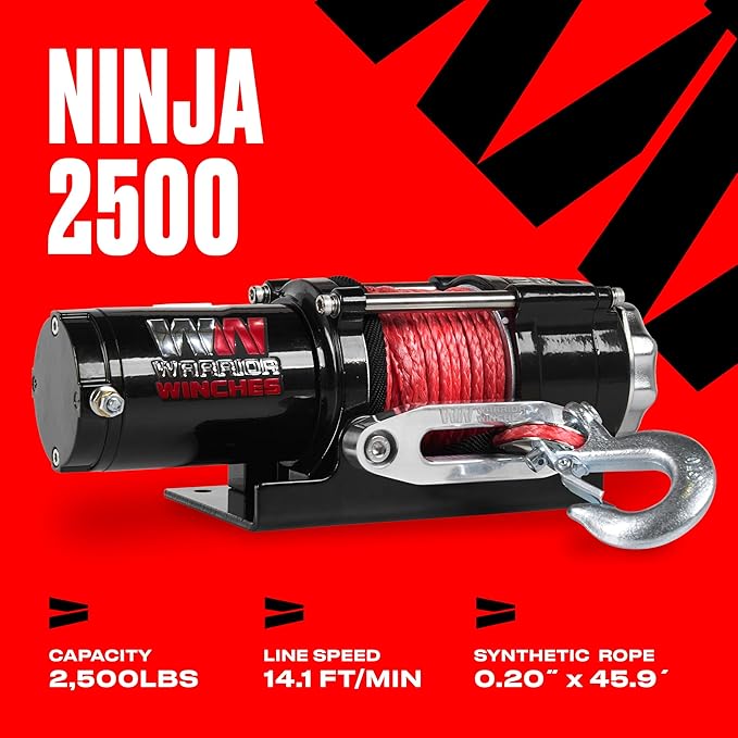 Warrior Winches Ninja 2500 lbs - Premium 12V Electric ATV/UTV Winch with Synthetic Rope, Compact and Powerful 12 Volt ATV Winch - Comes with Wireless Remote - Perfect for ATV, UTV, Boat, Trailer