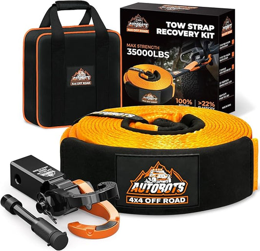 AUTOBOTS Tow Strap Heavy Duty 3" x 20 ft (35,000 lbs) with Shackle Hitch Receiver Hooks Winch Recovery Rope Towing Strap Offroad Recovery Kit for Jeep Truck Vehicle