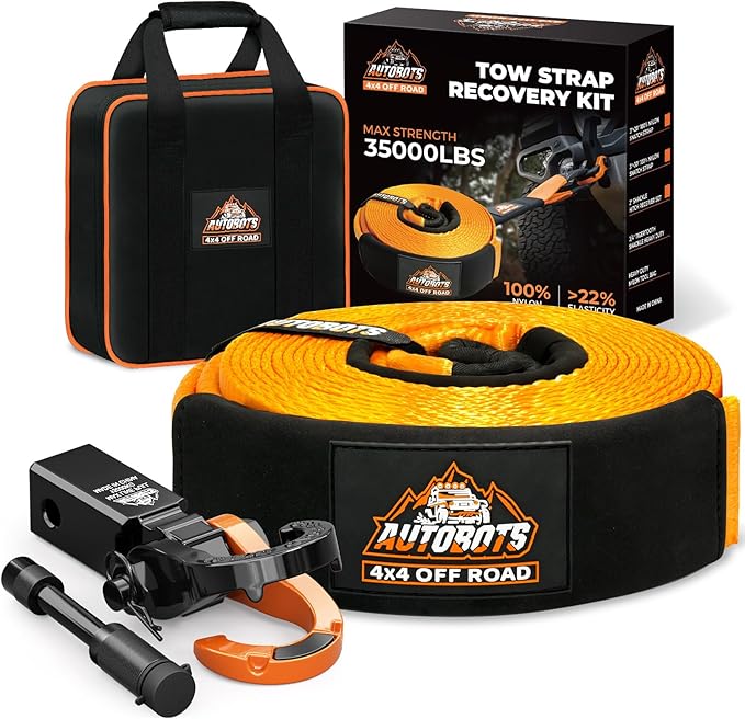 AUTOBOTS Tow Strap Heavy Duty 3" x 30 ft (35,000 lbs) with Shackle Hitch Receiver Hooks Winch Recovery Rope Towing Strap Offroad Recovery Kit for Jeep Truck Vehicle