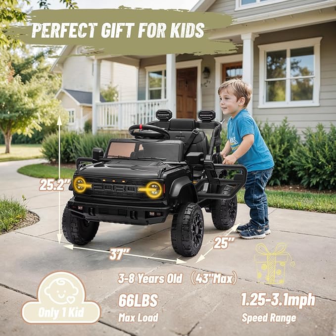 12V Ride on Toy for Kids, Ford Bronco Raptor Kids Electric Car with Parent Remote Control, Battery Powered Truck Car with 4-Wheel Suspension, LED Light, Bluetooth, 3 Speeds (12V, Black)