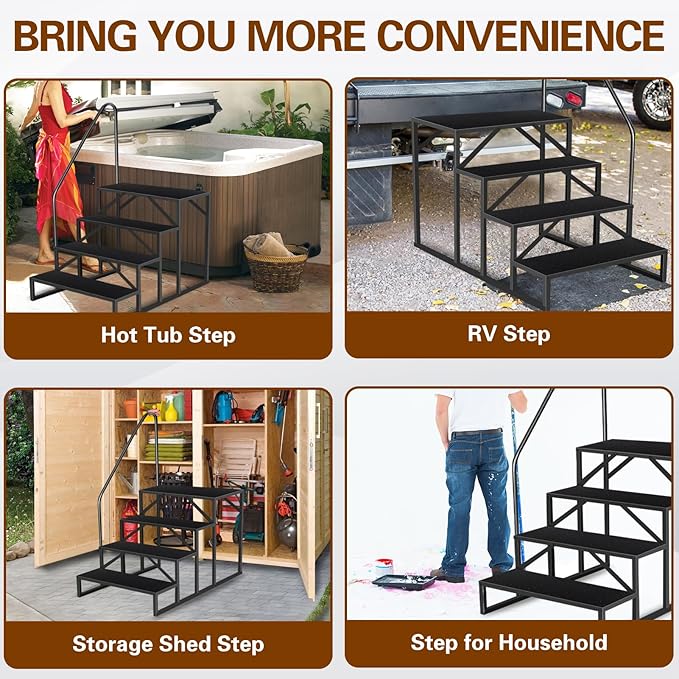 4 Step Ladder, Anti-Slip Hot Tub Steps with Handrail, Upgrade RV Step Stool, 660lbs Anti-Slip Mobile Home Stairs Porch Steps for Indoor Outdoor