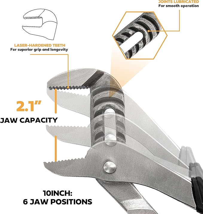 Olympia Tools 10-Inch Tongue and Groove Pliers, Straight Jaw Pliers with Cushion grip, 6 Jaw positions, 2.1" Jaw Capacity