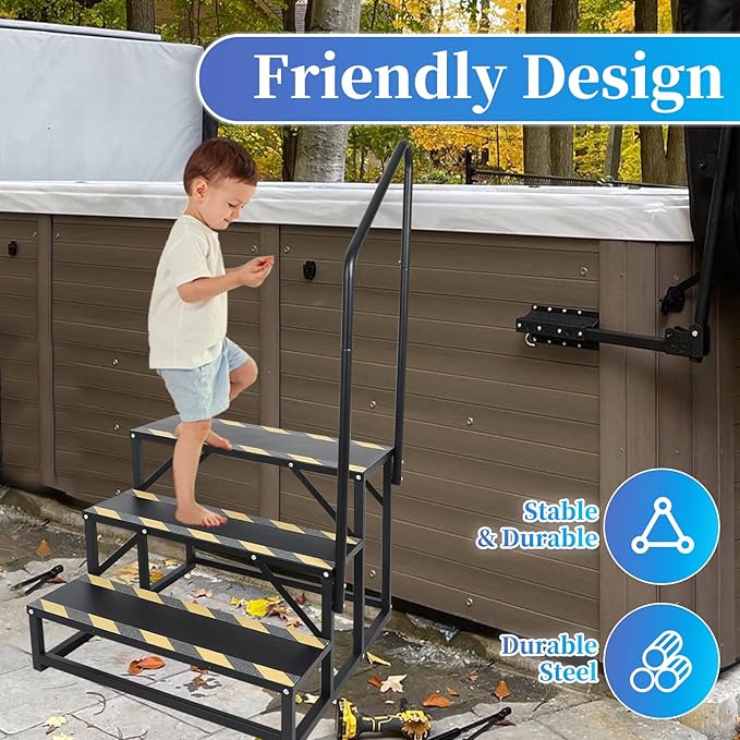 3-Steps RV Stairs with Handrail,Hot Tub Steps with Handrail 300LBS Load Capacity with Anti-Slip Skid Tape Portable Stairs for Travel Trailer,Mobile Home,Camper,Pool and Pet Stairs