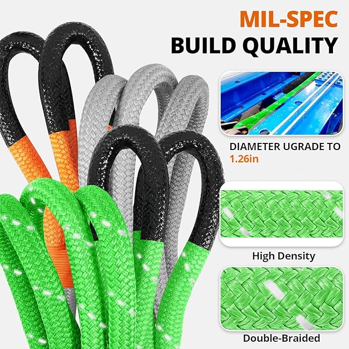 Kinetic Recovery Tow Rope: 1.26" x 30ft Reflective Snatch Strap with Soft Shackles Heavy Duty Offroad Towing Straps Kit for Trucks SUV UTV ATV Tractor Car Jeep - Neon Green