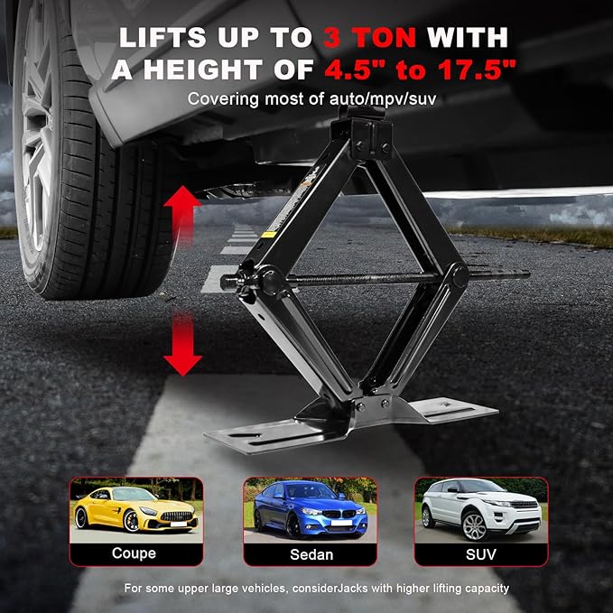 Big RED Car Jack 3Ton/6610 lbs Universal Scissor Jack with Rubber Pad, Portable Tire Changing Kit with Lug Wrench, Emergency Kit for Sedan SUV MPV