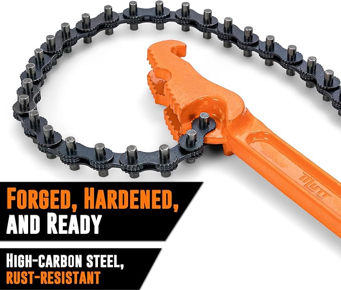 Mutt Tools 12" Chain Wrench - Heavy Duty Chain Pipe Wrench for 1-1/2" to 6" Pipes - Professional Chain Oil Filter Wrench for Mechanics and Plumbers