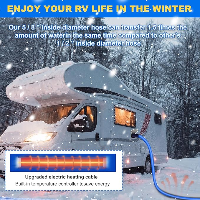 BHB Upgraded 75 FT Heated Water Hose 5/8" ID Compatible with RV -45 ℉ Antifreeze Energy Saving Thermostat RV Accessories, with 4 Types of Adapters
