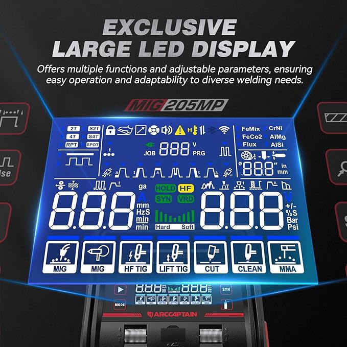 ARCCAPTAIN MIG205MP MIG Welder 9 IN 1 iControl APP Control Plasma Cutter/Pulsed MIG/Flux Core/Spool Gun/DC HF/Lift TIG/Clean/Stick Aluminum Welding Machine 120/240V Dual Voltage Multiprocess Welder