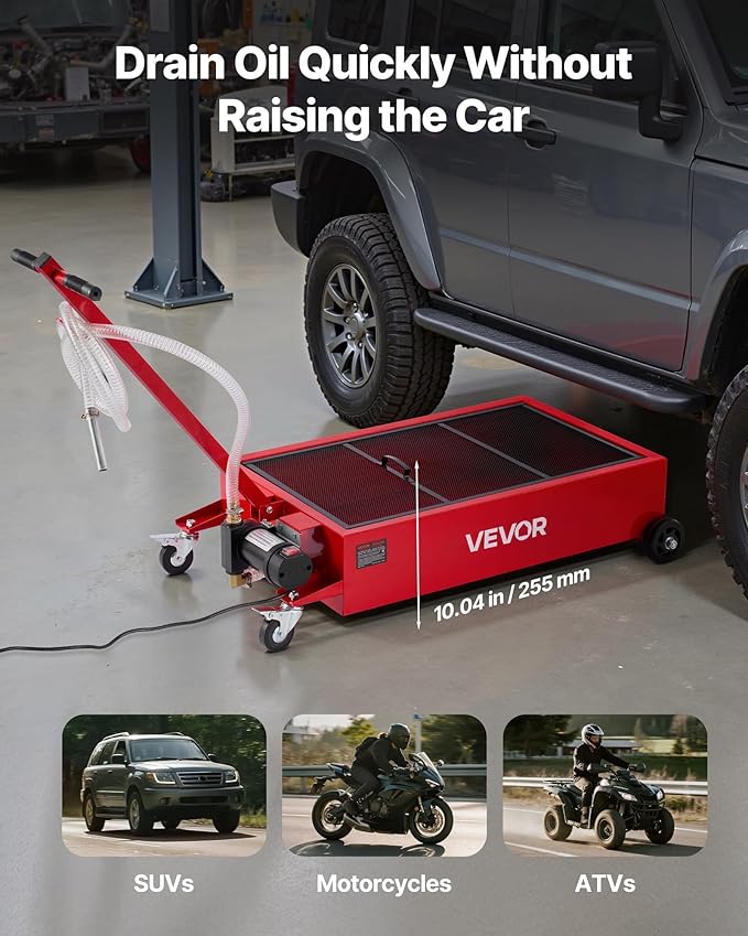 VEVOR Low Profile Oil Drain Pan, 17 Gallon Capacity, Rolling Oil Drain Pan with Electric Pump, 7.2 ft Hose & T Folding Handle, Leak-Proof & Corrosion-Resistant, Fit for Cars, SUVs, Trucks, ATVs, Red