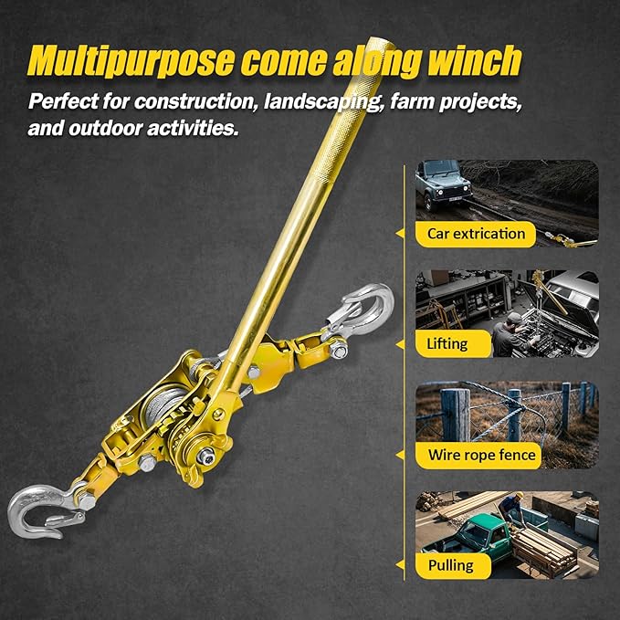 Come Along Winch Puller 2T, 10FT Cable Hoist Winch Puller with 2 Hooks, Come Along Tool Heavy Duty, Ratchet Puller for Lifting Pulling Construction Building